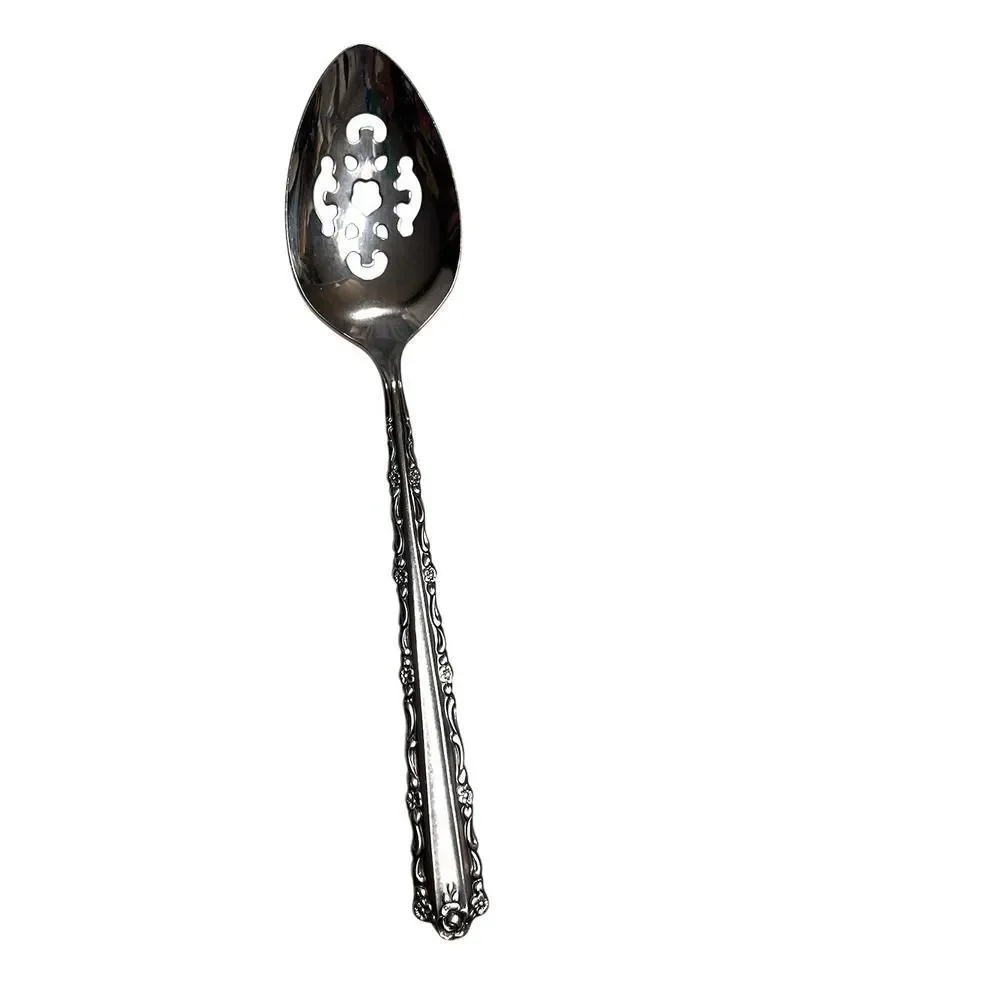 CHERIE by Oneida Vintage Silver Tone Serving Spoon Floral Handle Slotted Spoon